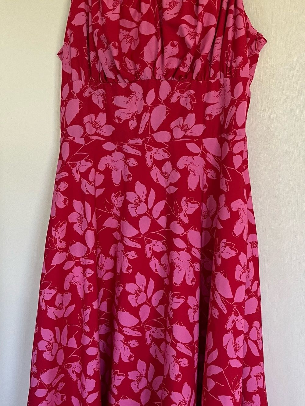 Belle Pogue Womenโs Red Midi Dress with Pink Floral Print